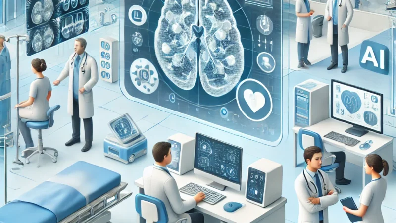 A professional and practical illustration of Generative AI technology integrated into healthcare settings. The image depicts AI tools assisting doctor