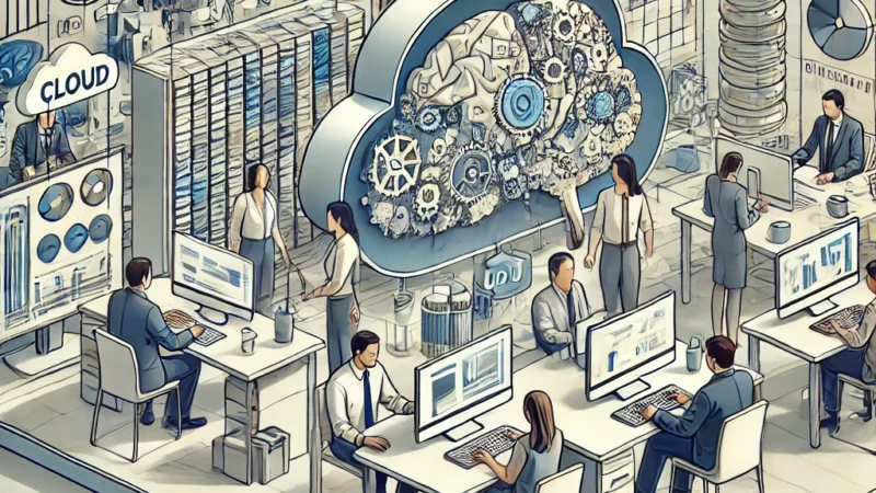 A practical, real-world illustration of large language models integrated into enterprise environments. The scene shows business professionals using AI
