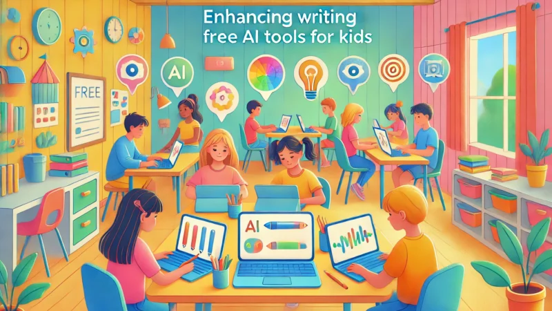 A vibrant and engaging hero image for a blog post about enhancing writing skills with free AI tools for kids. The image shows children using laptops
