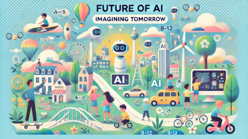 A colorful and imaginative hero image for a blog post about the 'Future of AI_ Imagining Tomorrow,' designed to inspire children aged 5-8 and 8-12