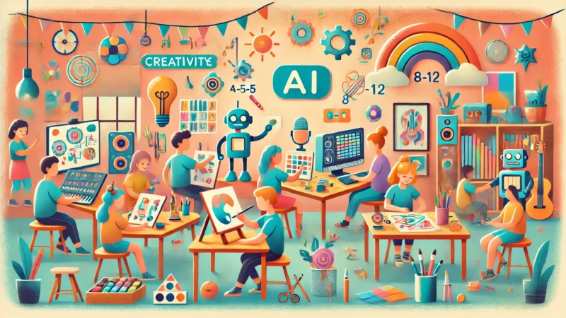 A colorful, creative hero image for a blog post about how AI can help children aged 5-8 and 8-12 explore their artistic talents in art and music.