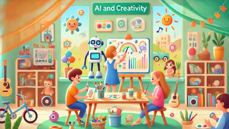 A fun and imaginative hero image for a blog post about 'AI and Creativity,' designed for children. The image shows kids in a playful environment