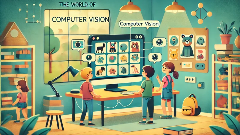 A hero image for a blog post about 'The World of Computer Vision,' created for kids. The scene shows children interacting with a computer display that