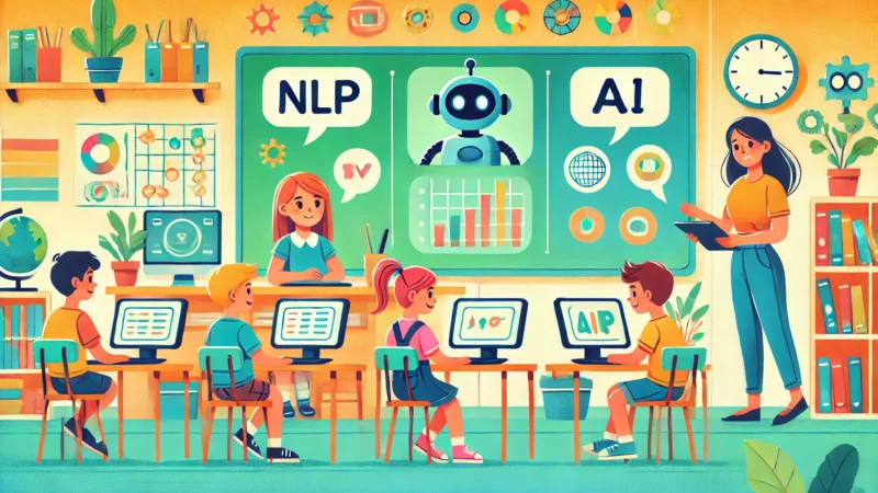 Natural Language Processing (NLP) for children, showing a classroom environment where kids are engaging with AI